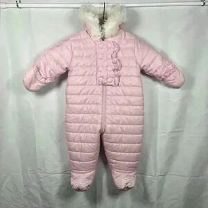 Babies R Us snowsuit 6 months pink zip button faux fur hood winter snow cotton